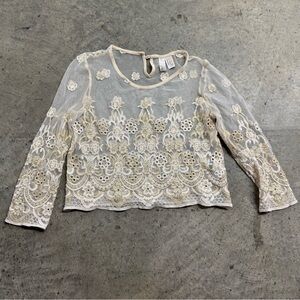VTG Forever 21 Cream Sheer Floral‎ Lace Long Sleeve Blouse Size S Classic Boho